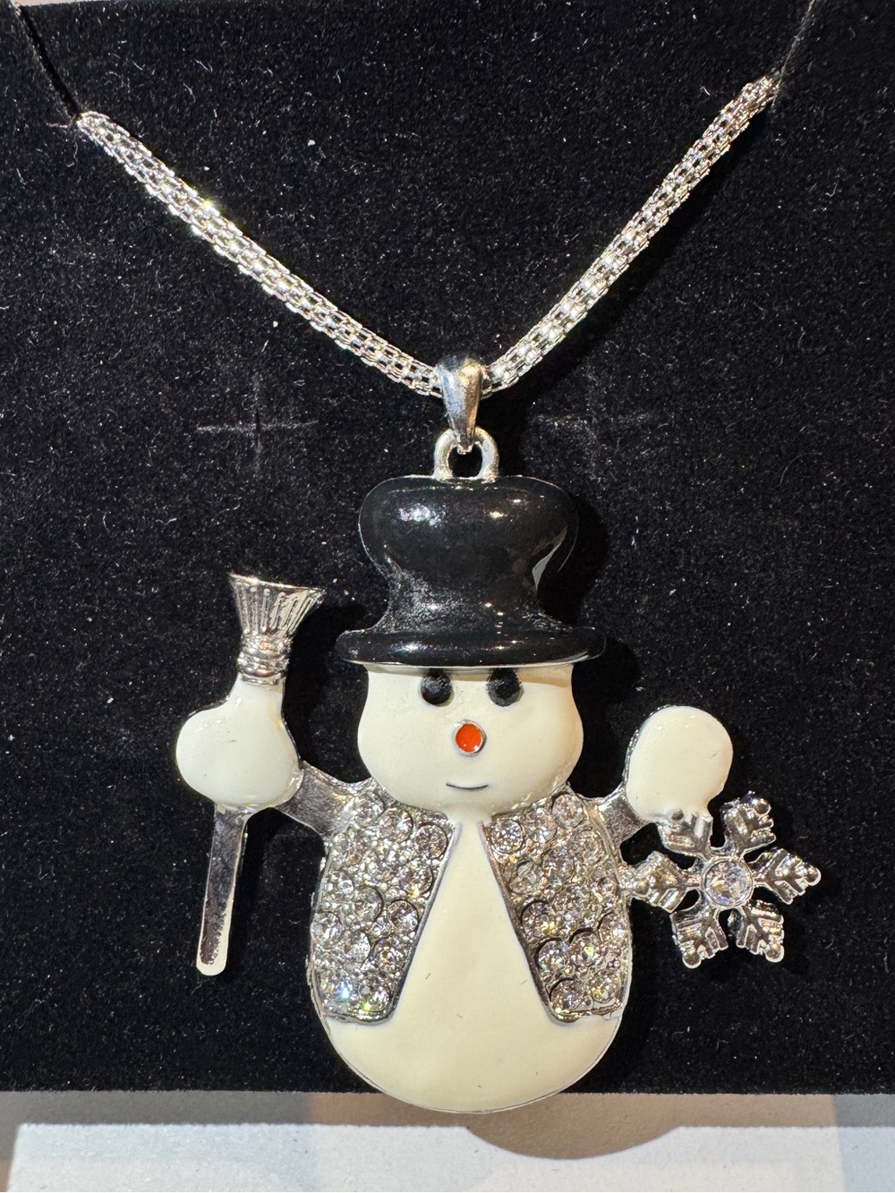 Festive Snowman Pendant Necklace - Christmas Black & White with Crystal Accents
